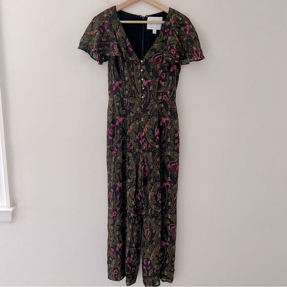 Anthropologie Ett Twa Brenda Jumpsuit Dark Floral Metallic Size 0 Party - Picture 2 of 15